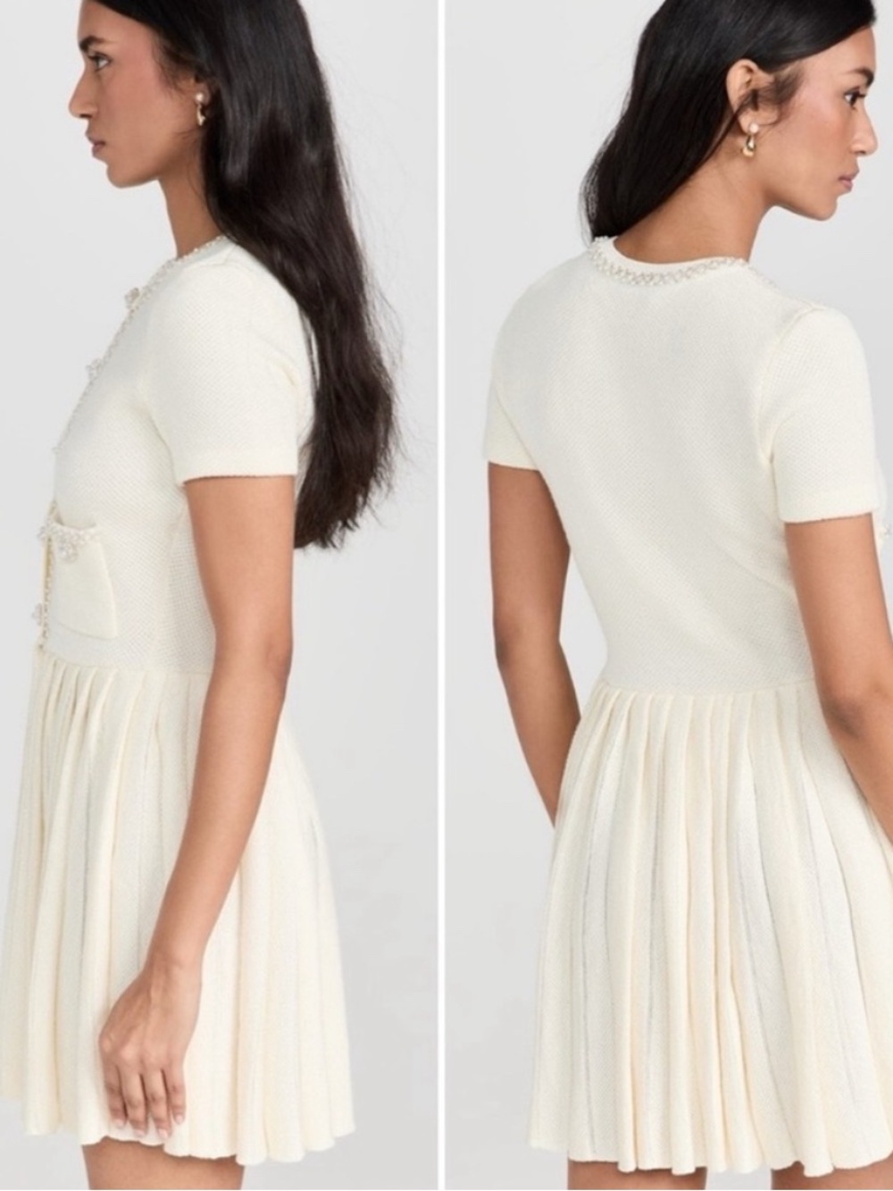 Self-Portrait Cream Short-Sleeve Knit Pleated Mini Dress